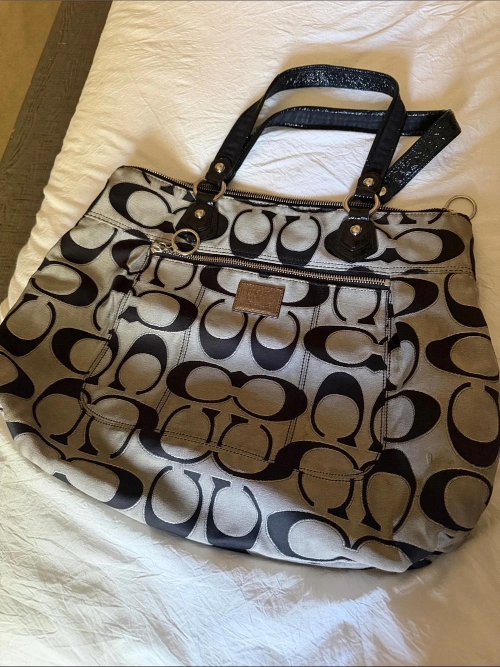 Coach Black and Silver Signature Tote with Patent Handles